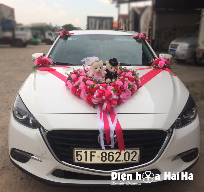Bán hoa giả trang trí xe cưới mầu hồng sen gấu