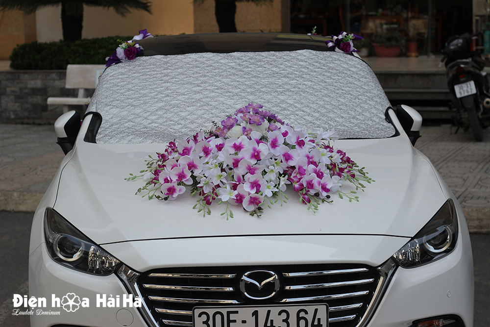 Bộ hoa lụa kết xe cưới lan tím trắng