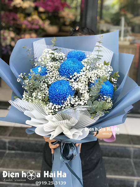 Bó hoa Cúc Mẫu Đơn màu xanh – Pha Lê
