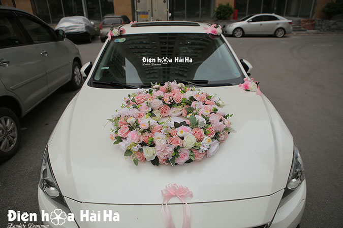 Địa chỉ bán bộ hoa lụa gắn xe cưới hồng phấn định tình
