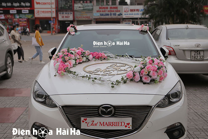Bộ hoa trang trí xe cưới bằng lụa mẫu mới phi yến hồng