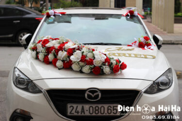 Bộ hoa lụa cho xe cô dâu hồng đỏ trắng