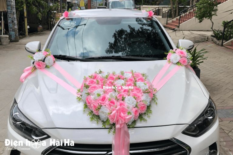 Bán bộ hoa giả xe cưới màu hồng giá rẻ