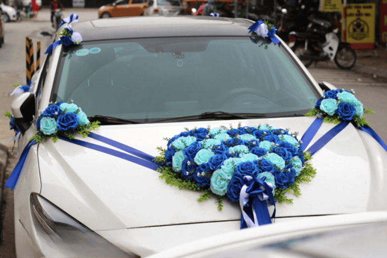 Bộ hoa giả cho xe cô dâu mầu xanh dương