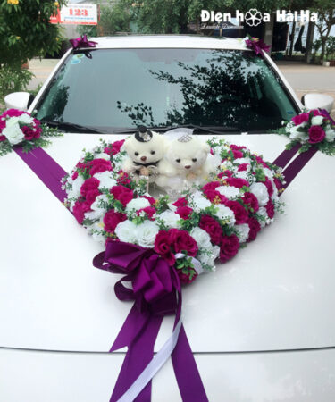 Bộ hoa giả trang trí xe cưới trái tim hoa hồng tím