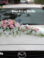 Bộ hoa lụa gắn xe cưới hoa lan trắng hồng sen đẹp