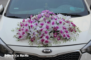 Bộ hoa lụa kết xe cưới hoa lan tím trắng