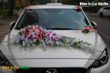Bộ hoa xe cưới bằng vải hồ điệp nhụy tím