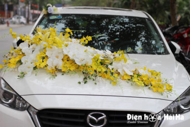 Hoa lụa trang trí xe cưới lan vũ nữ và hồ điệp trắng