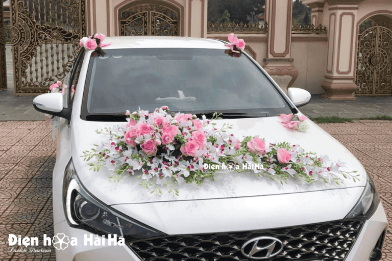 Mẫu hoa lụa trang trí xe cưới lan nhụy tím giá rẻ - bền đẹp.