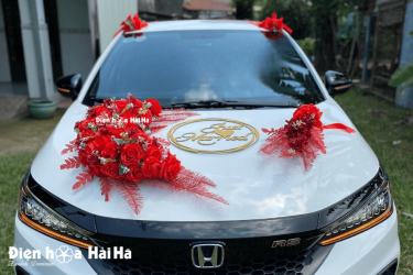 Hình ảnh bộ hoa lụa xe cưới màu đỏ trên xe trắng