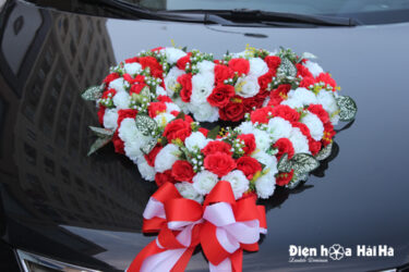 Mua hoa vải trang trí xe hoa cưới hình trái tim hồng đỏ hồng trắng