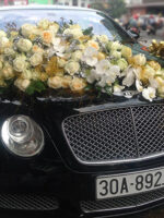 Trang trí hoa xe cưới bằng hoa hồ điệp và hoa hồng kem