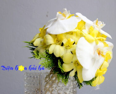 Bó hoa cầm tay cô dâu hồ điệp trắng và lan vàng