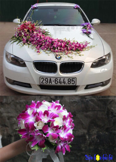 Trọn bộ trang trí xe hoa cưới & hoa cầm tay cô dâu tông mầu tím