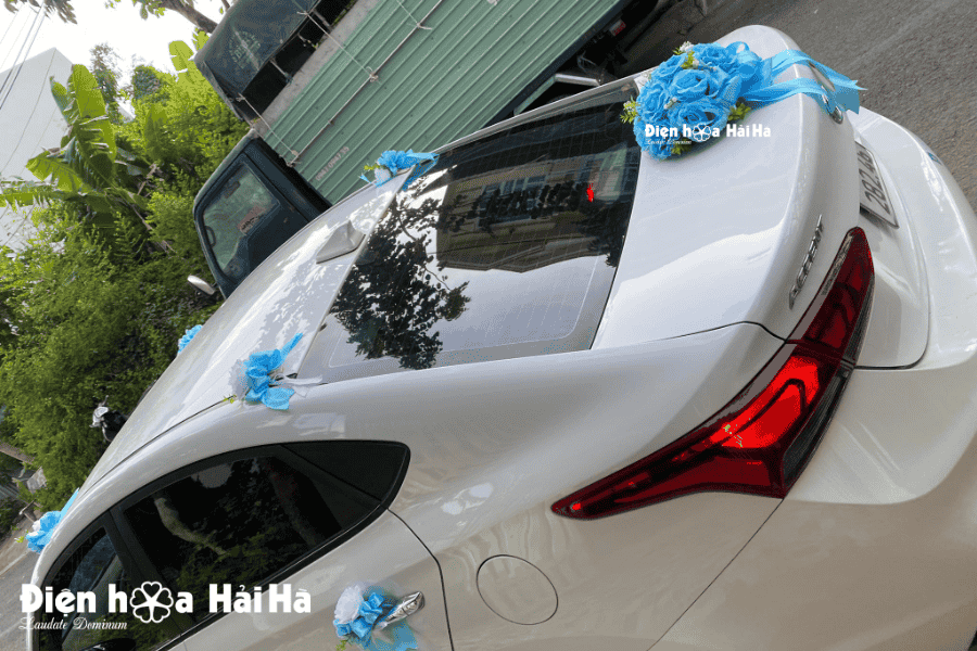 Hình trang trí phía sau bộ hoa giả xe cưới màu xanh dương