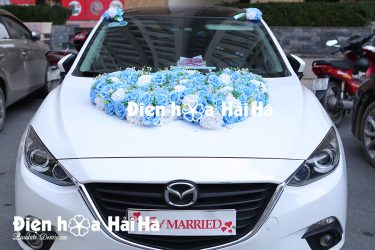 Bộ hoa giả kết xe cưới trái tim màu xanh