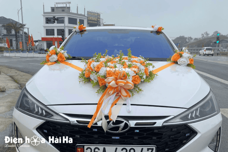 Hoa giả kết xe cưới trái tim màu cam giá rẻ