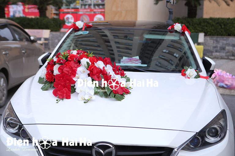 Mẫu hoa giả trang trí xe cưới lan Hồ Điệp đỏ