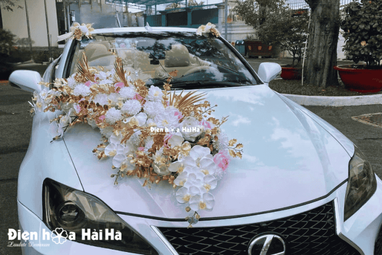 Bộ hoa lụa xe cưới dải hoa hồng LUXURY điểm đồng sang trọng