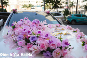 Bộ hoa lụa xe cưới Hồ Điệp hồng Vĩnh Kết Đồng Tâm