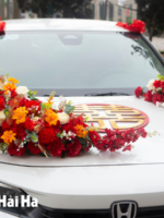 Bán bộ hoa lụa kết xe cưới đỏ cam Sắc Xuân
