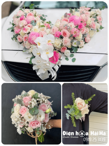 (SET21) Hoa trang trí xe cưới mầu hồng kem - Cùng Tiến Triển