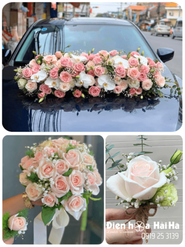 (SET24) Hoa trang trí xe cưới mầu hồng kem - Hoan Hỷ