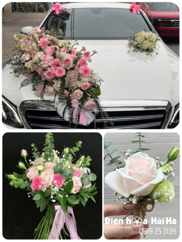 (SET51) Hoa trang trí xe cưới mầu trắng hồng - Mãi có nhau