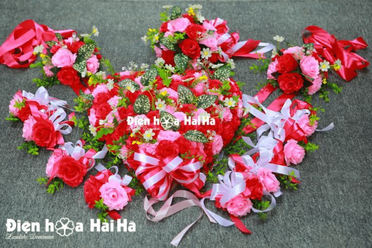 Bộ hoa giả xe cưới trái tim sen phấn - Mang Tin Yêu