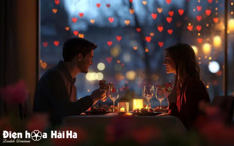 Bữa tối dưới ánh nến cùng với rượu và hoa hồng valentine