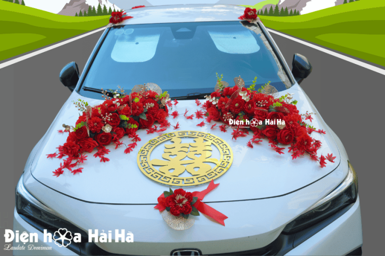 Tổng thể mẫu hoa giả trang trí xe cưới bằng lụa - Hồng Nhan