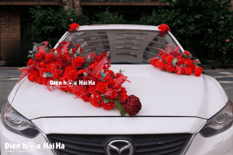 Mẫu hoa lụa kết xe cưới hồng đỏ - Phú Quý